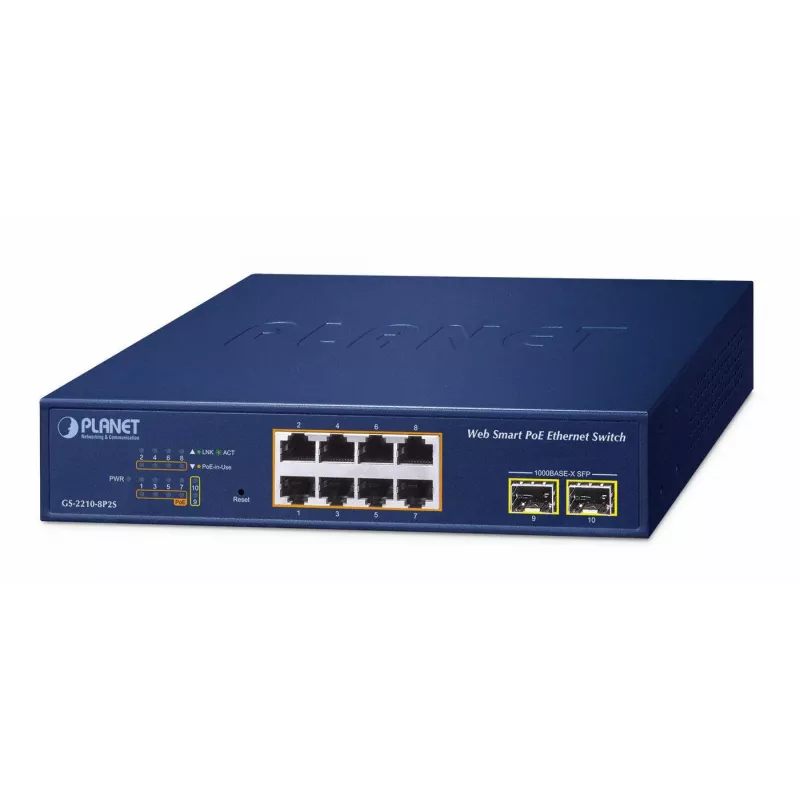 Valdomas komutatorius PLANET GS-2210-8P2S 8 prievadų Gigabit Ethernet 802.3at