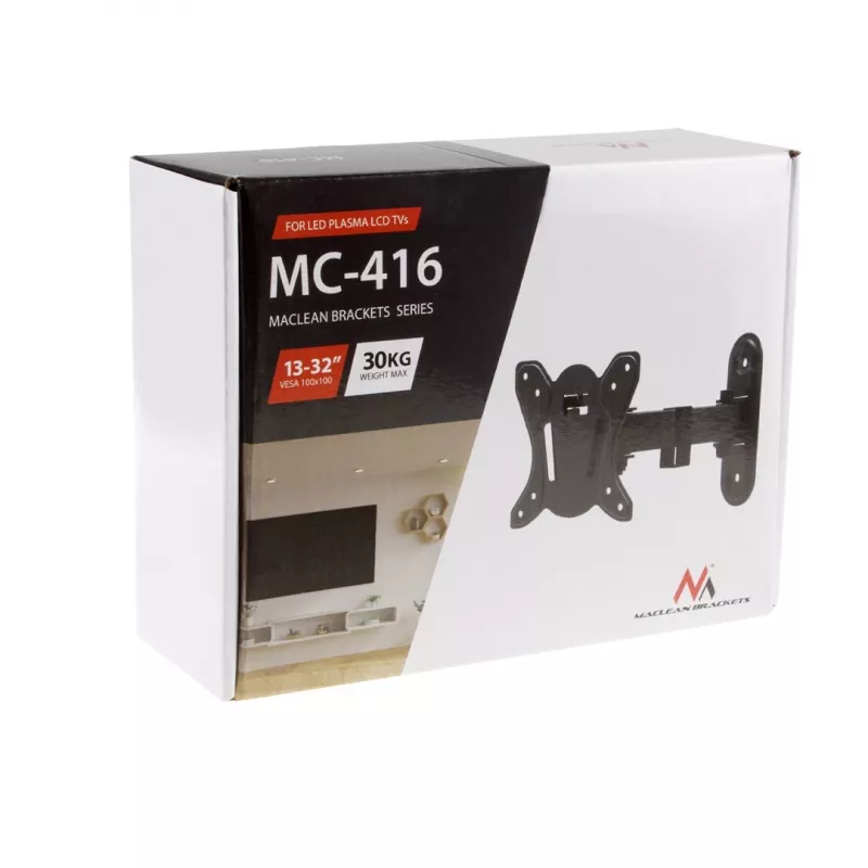 Maclean MC-416 TV monitoriaus sieninis laikiklis 13-32 30 kg pakreipiamas sukiojamas maks. VESA 100x100 juoda miltelinė danga LED OLED LCD universalus laikiklis