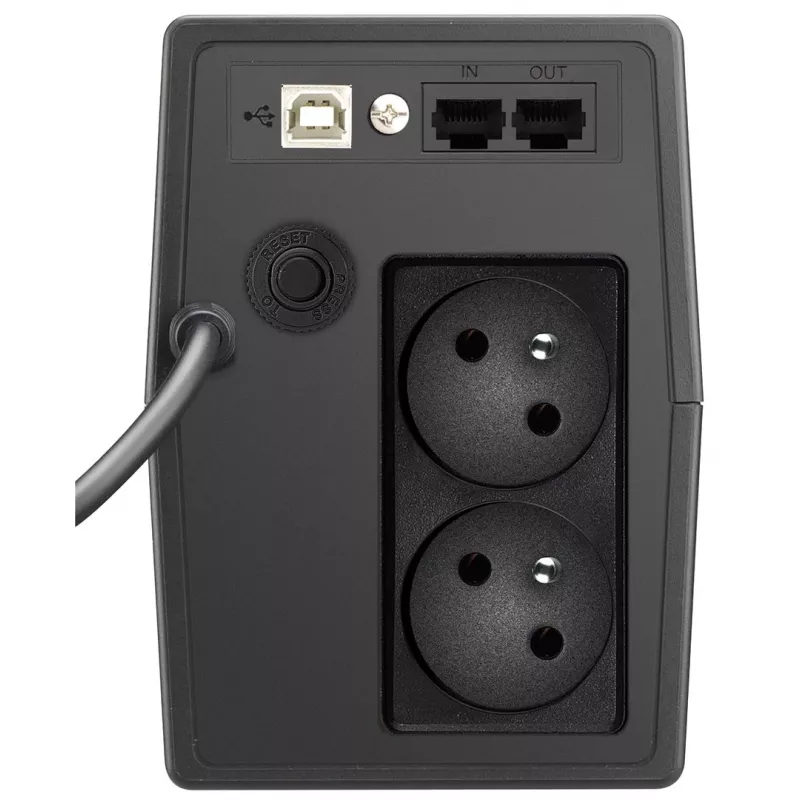 Nepertraukiamo maitinimo šaltinis PowerWalker VI 800 SCL FR — Linijinė-interaktyvi UPS 0,8 kVA (480 W), 2 Type E lizdai, USB, RJ-45/RJ-11, 12V 9Ah baterija, bokštas, juoda