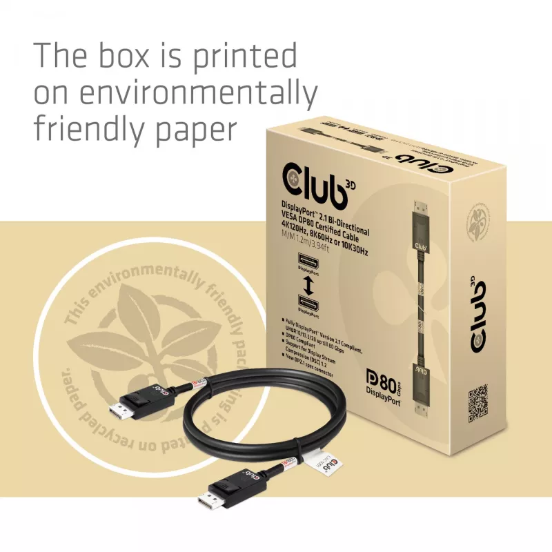 CLUB3D DisplayPort 2.1 dvikryptis VESA DP80 sertifikuotas laidas 4K240Hz, 8K60Hz arba 10K30Hz M/M 1,2 m / 3,94 pėd.