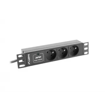 Maitinimo skirstymo įrenginys LANBERG PDU-03E-0200-BK — 1U, 3x E tipo lizdai, 220–250 V, 16 A, 2 m laidas, juodas