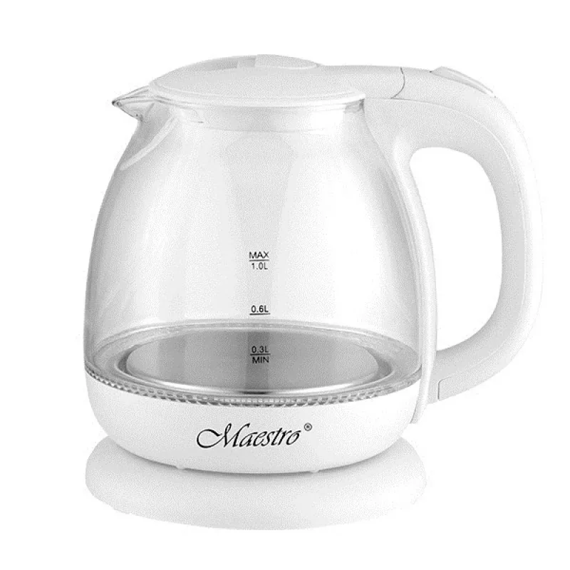 Elektrinis virdulys Maestro MR-055 baltas — 1 l, 1100 W, stiklinis korpusas, apšvietimas, vandens lygio indikatorius