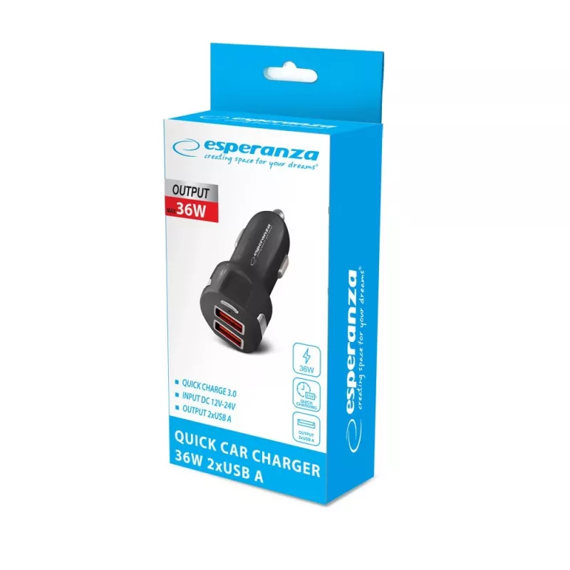 Automobilinis kroviklis ESPERANZA EZ110 juodas — 12–24 V įvestis, 2× USB-A 2,1 A, „Quick Charge 3.0“, 36 W