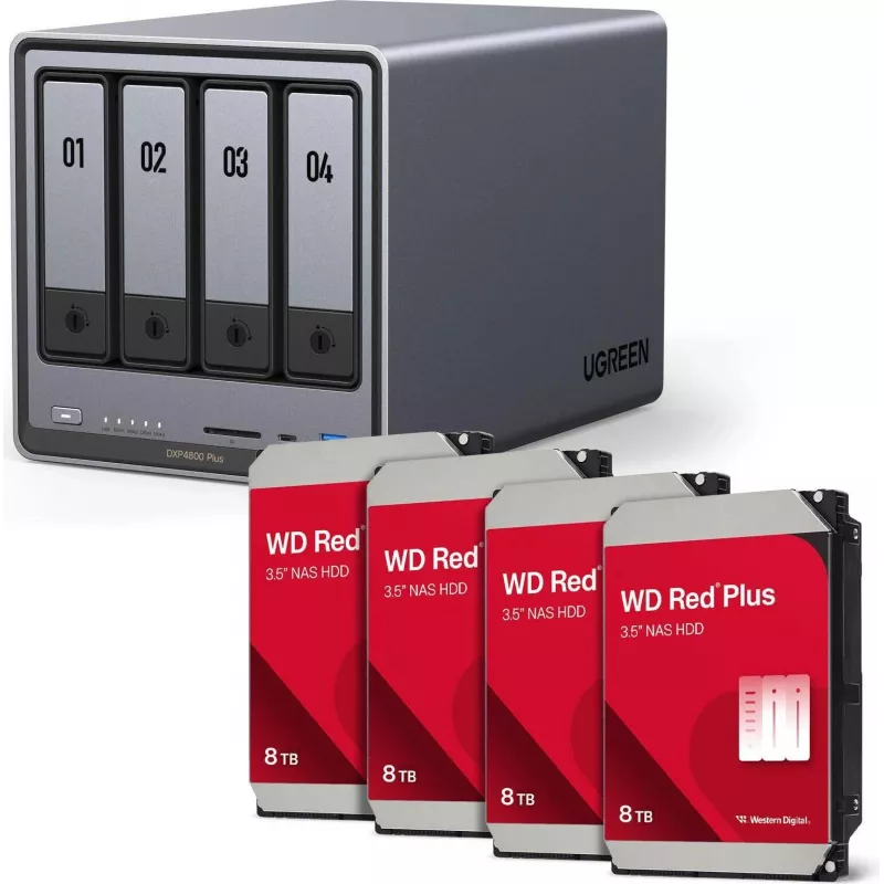 UGREEN NAS HDD rinkinys DXP4800 Plus+ su 4 x Western Digital WD80EFPX 8TB diskais (modelis 35261& 4x WD80EFPX)