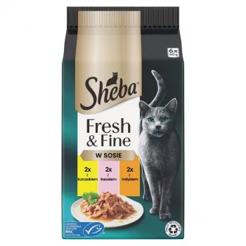 Šlapias kačių ėdalas Sheba Mini mėsos patiekalai padaže Fresh & Fine 6 x 50 g — suaugusioms katėms, 84 % drėgmės, 7,9 % baltymų