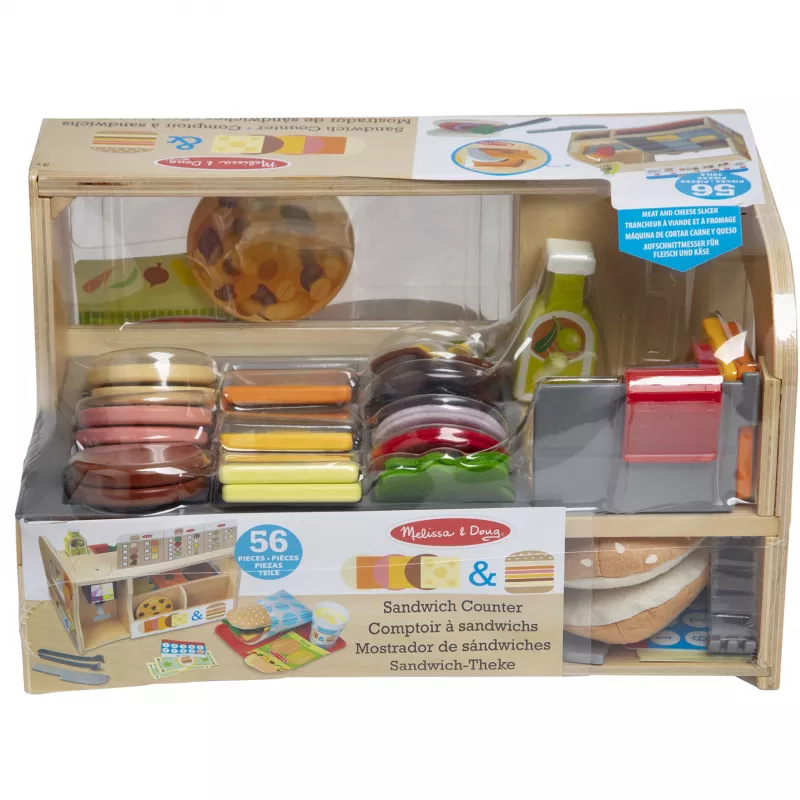 Melissa & Doug medinis sumuštinių skaitiklis su delikatesų pjaustytuvu – 56 dalys apsimestinio maisto – FSC sertifikuota