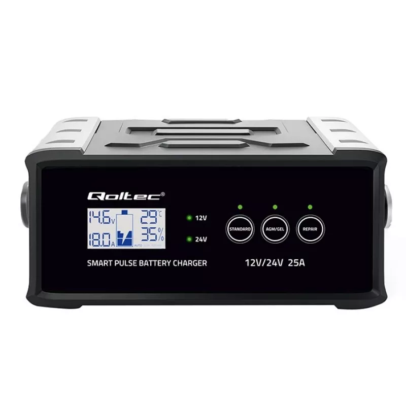 Baterijų įkroviklis QOLTEC 52514 — 12V/24V, 25A, AGM/GEL/SLA baterijoms su LCD ekranu