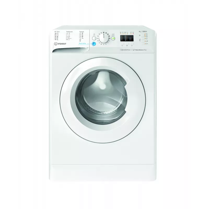 Skalbimo mašina Indesit BWSA 61294 W EU N — Priekinio įkrovimo, 6 kg, 1151 aps./min., gylis 42,5 cm, plotis 59,5 cm, Ekranas, Big Digit, balta, energijos klasė C