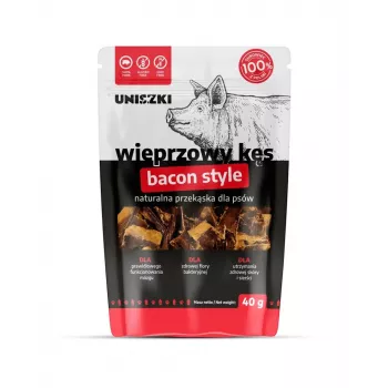 Šlapias šunų skanėstas UNISZKI Bacon Style bite 40 g — vienos porcijos kiaulienos pakuotė, monoproteininis, hipoalerginis