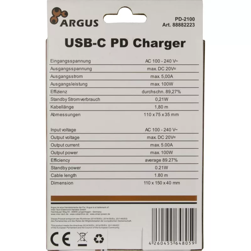 Įkroviklis Inter-Tech PD-2100, juodas, kintamosios srovės, vidaus