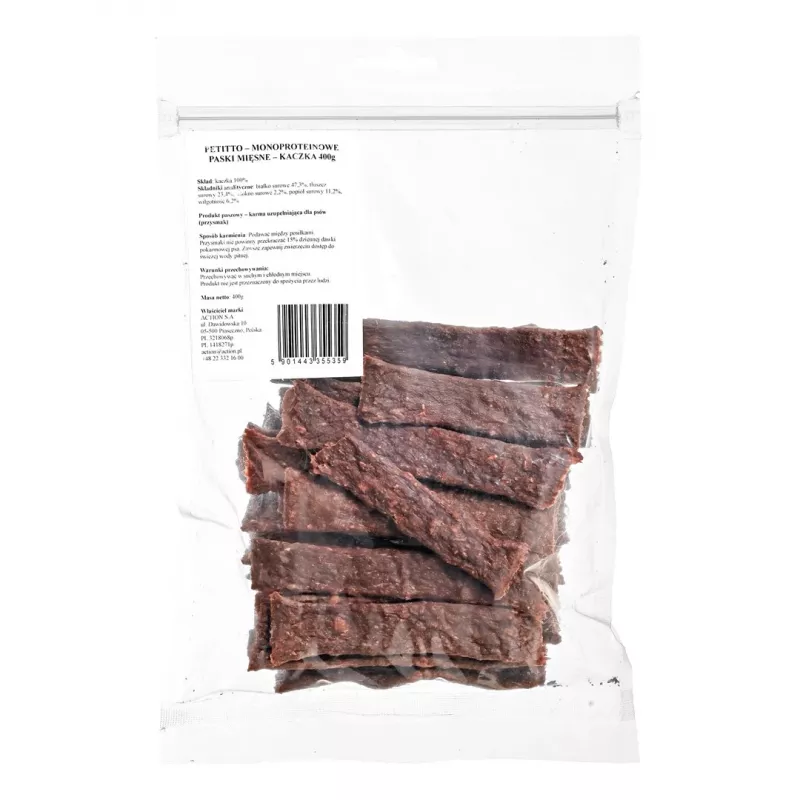 Skanėstas PETITTO Monoprotein Meat Strips Antiena 400 g — vieno baltymo treniruočių užkandis šunims, baltymų 47,3%, riebalų 23,4%