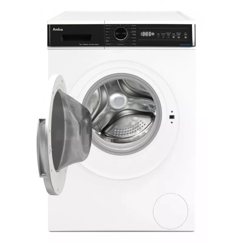 Laisvai pastatoma skalbimo mašina AMICA WA3S712BLiSHB, 7 kg, 1200 aps./min, 2100 W, LED ekranas, juodos spalvos durelės