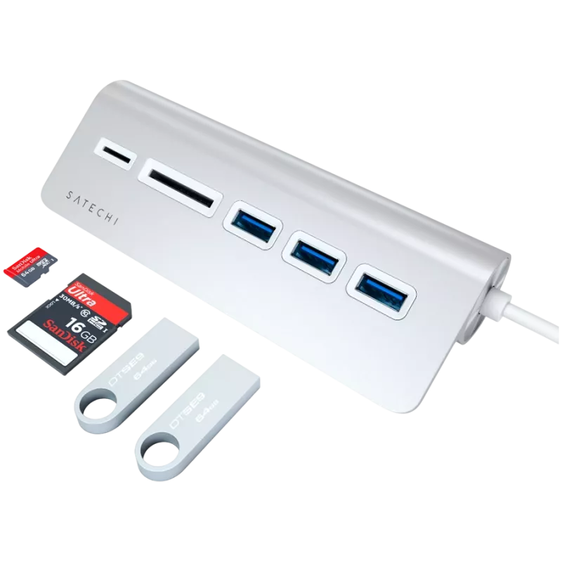 Satechi Type-C Aliumininis USB šakotuvas ir kortelių skaitytuvas, sidabrinis, ST-TCHCRS