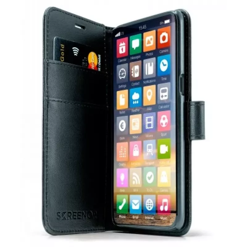 Dėklas-piniginė SCREENOR, skirtas iPhone 15 Plus (6,7 colio / 17 cm), juodas, dirbtinė oda ir TPU, stalinis stovas, 3 kortelių kišenės