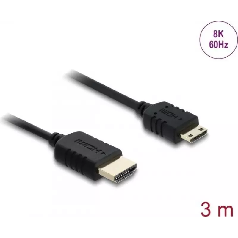 HDMI laidas DELOCK 81686 — 3 m, HDMI Type A (kištukas) to HDMI Type C (Mini, kištukas), 48 Gbit/s, iki 7680×4320