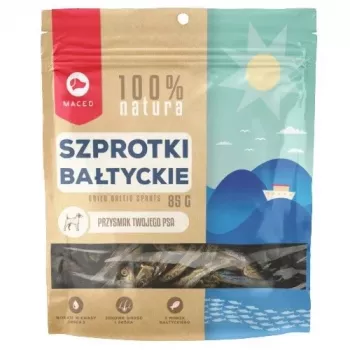 Šunų skanėstai MACED Sprats 85 g — žuvies užkandis suaugusiems šunims, baltymų 49% riebalų 38%, be konservantų ir glitimo