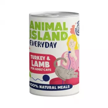 Drėgnas kačių ėdalas Animal Island Everyday su kalakutiena ir aviena 400 g — visavertis suaugusių kačių ėdalas, baltymai 11,1%, riebalai 5,3%, drėgmė 78,8%