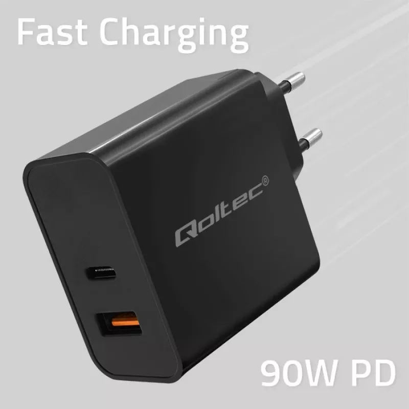 Qoltec 52381 Super Quick PD įkroviklis | 1xUSB-C | 1xUSB | 90W | 5-20V | 2.4-4.35A | Juodas