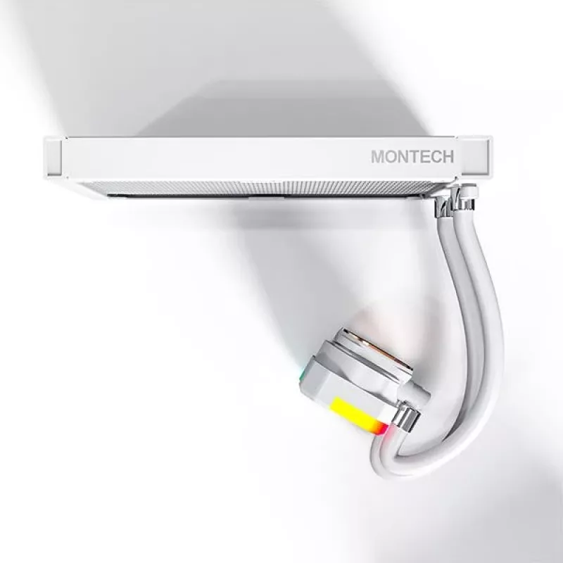 AIO vandens aušintuvas “Montech Hyper Flow ARGB 240 mm” baltas — 240 mm radiatorius, ARGB apšvietimas, balta apdaila