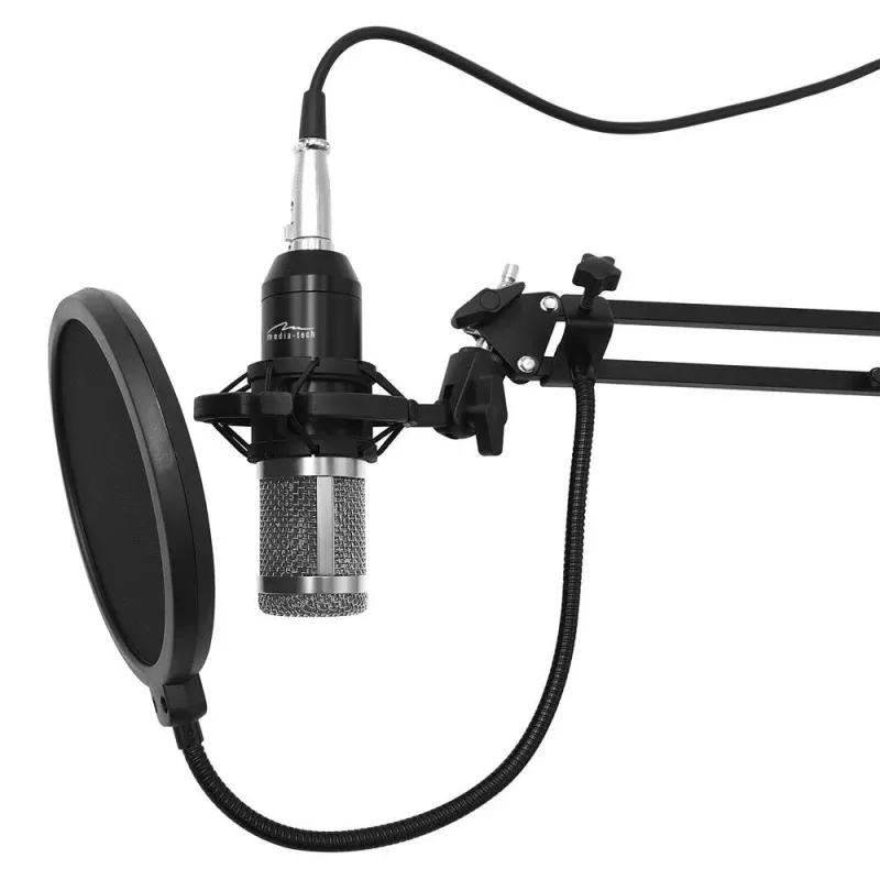 PC mikrofonas MEDIA-TECH MT397S — laidinis, XLR įvestis, 20–20000 Hz, 150 Ω, -32 dB, 2,4 m laidas, stalinis stovas, juodas