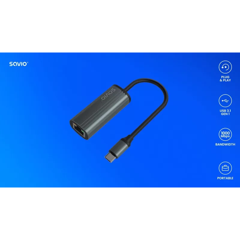 SAVIO Adapter USB-C 3.1 Gen.1 (M) į RJ-45 Gigabit Ethernet (F), 1000 Mbps, AK-56, pilka