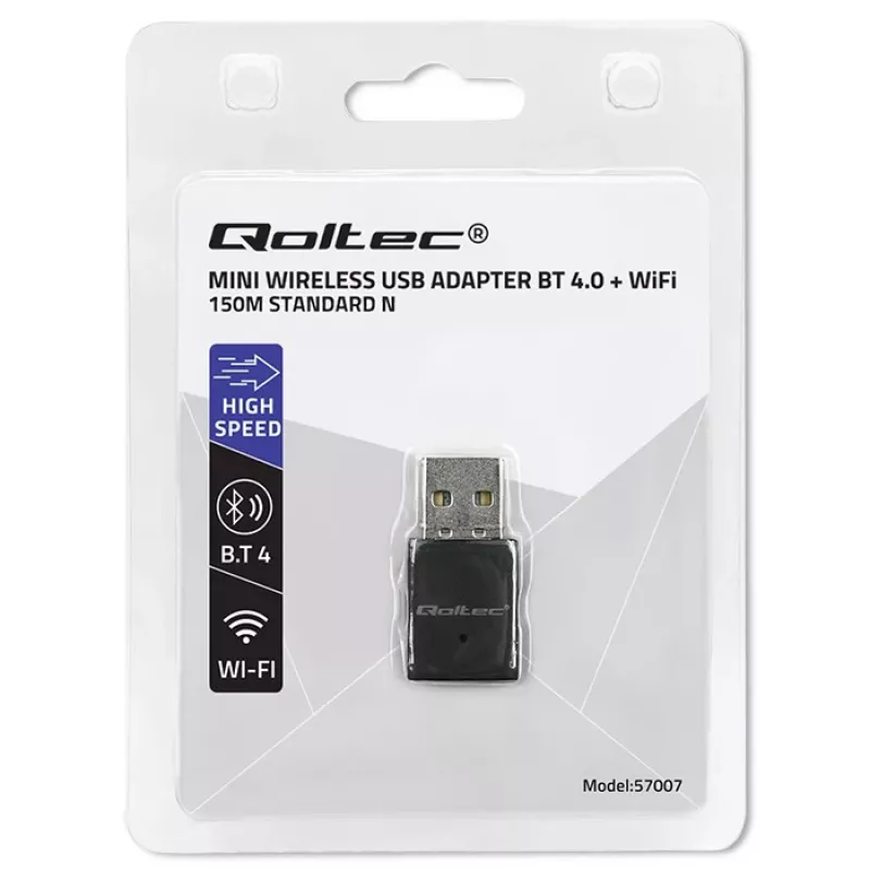 Belaidis mini USB Wi‑Fi adapteris QOLTEC 57007 — Vienos juostos 2,4 GHz, iki 150 Mbps, vidinė antena