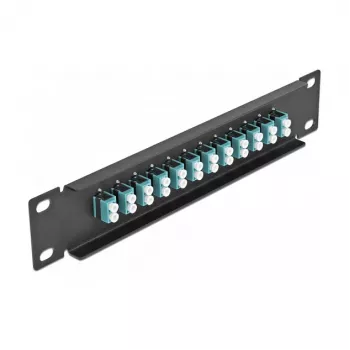 Skaidulinių optinių pataisymo skydelis DeLOCK 10 colių 12 prievadų LC Duplex aqua 1U juodas