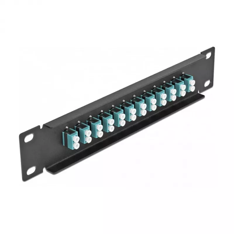 Skaidulinių optinių pataisymo skydelis DeLOCK 10 colių 12 prievadų LC Duplex aqua 1U juodas