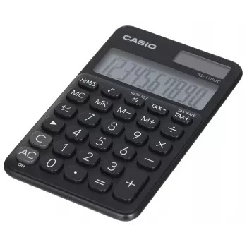 Pagrindinis skaičiuotuvas CASIO SL-310UC-BK — 10 skaitmenų, baterija/saulės energija, mokesčių ir pelno funkcijos, kišeninis dydis (70×118×8,4 mm), juodas