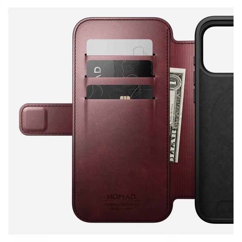 Mobiliojo telefono dėklas Nomad Modern Leather Folio, skirtas iPhone 17 Pro Max — oda, TPU, PC, aliuminis, bordo, 16 cm (6,3 colio)