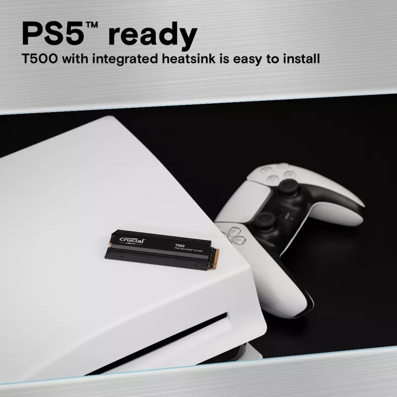 SSD diskas Crucial T500 1TB M.2 NVMe 2280 PCIe 4.0 su radiatoriumi