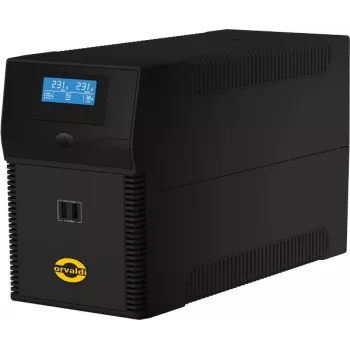 ORVALDI ID2K0CH linijinė interaktyvi UPS 2 kVA / 1200 W, 24 V, 9 Ah akumuliatoriai, LCD, USB, kompaktiška juoda