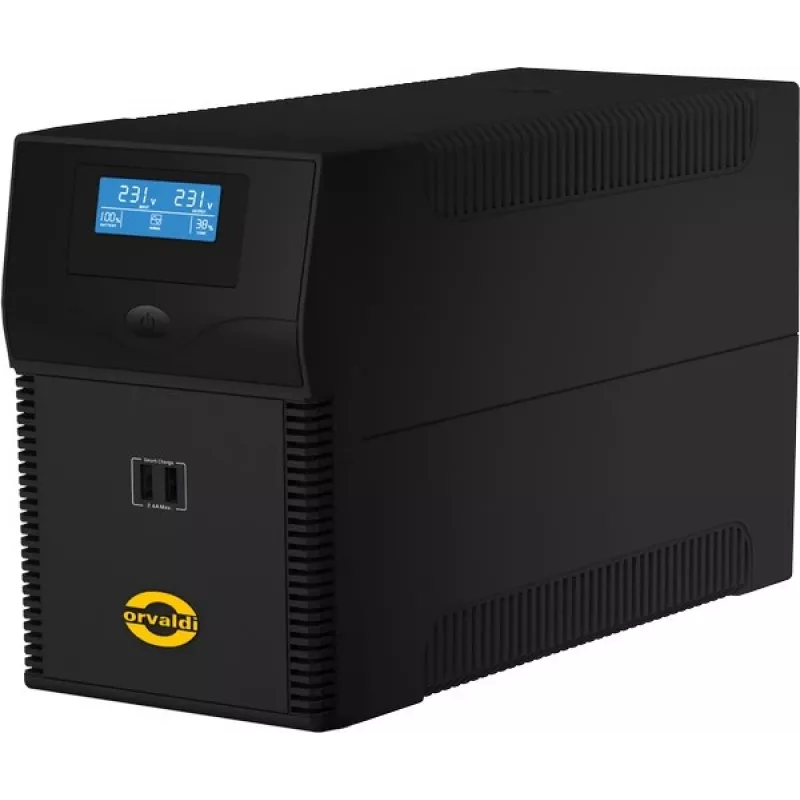 ORVALDI ID2K0CH linijinė interaktyvi UPS 2 kVA / 1200 W, 24 V, 9 Ah akumuliatoriai, LCD, USB, kompaktiška juoda