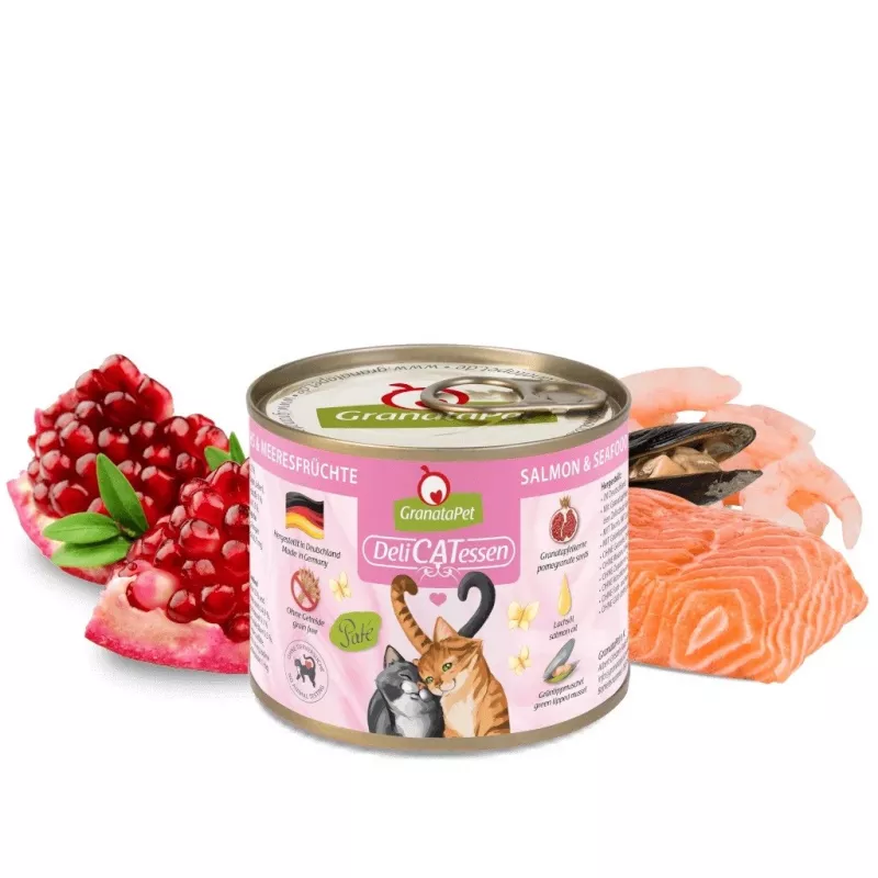 Drėgnas kačių maistas Fox4Pets DeliCATessen su lašiša ir jūros gėrybėmis, 200 g skardinė, visavertis suaugusių kačių ėdalas, 10,2 % baltymų, 5,5 % riebalų, 80 % drėgmės