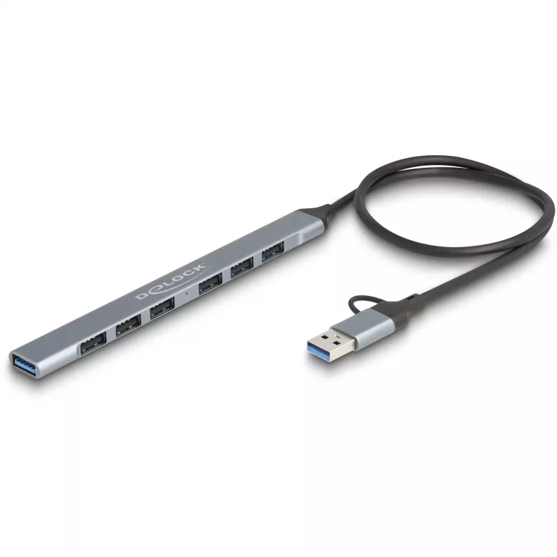 DELOCK 4 prievadų plonas USB šakotuvas — USB 3.2 Gen 1 priegloba Type-C, 3× USB 5 Gbps Type-C + 1× USB 5 Gbps Type-A, pilkas, metalinis