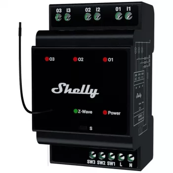 Išmanioji relė Shelly Wave PRO 3 — juoda, plastikinis korpusas, 110–240 V kintamosios srovės, 50–60 Hz, 0,3 W, 53×59×96 mm
