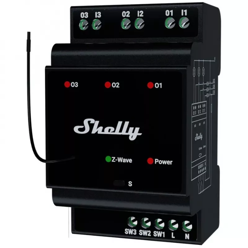Išmanioji relė Shelly Wave PRO 3 — juoda, plastikinis korpusas, 110–240 V kintamosios srovės, 50–60 Hz, 0,3 W, 53×59×96 mm