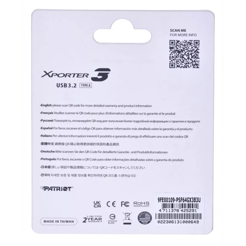 USB atmintukas PATRIOT Xporter 64GB USB Type-A 3.2 Gen 1 (slankiojantis, juodas, 80 MB/s)