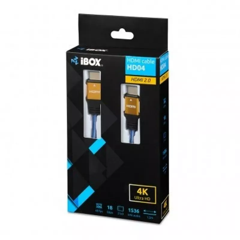 HDMI laidas IBOX ITVFHD04 1,5 m, HDMI 2.0, 18 Gbps, 4K (4096×2160), paauksuoti kontaktai, vyriškas–vyriškas