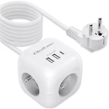 Maitinimo kubas QOLTEC 52547 – maitinimo šakotuvas su 3× AC lizdais, 2× USB-A, 1× USB-C PD 20W