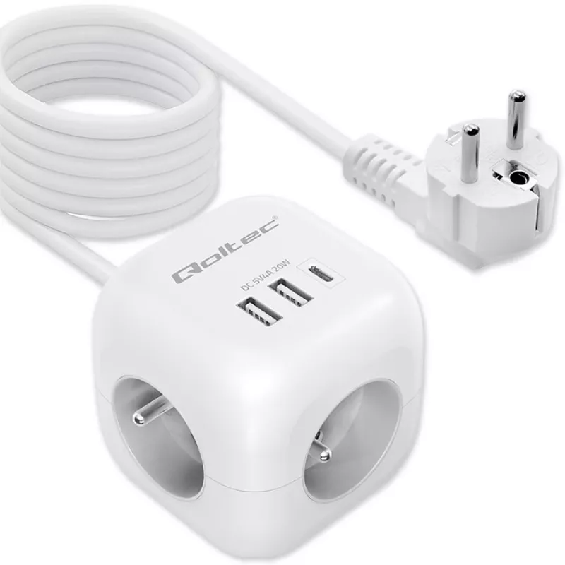 Maitinimo kubas QOLTEC 52547 – maitinimo šakotuvas su 3× AC lizdais, 2× USB-A, 1× USB-C PD 20W