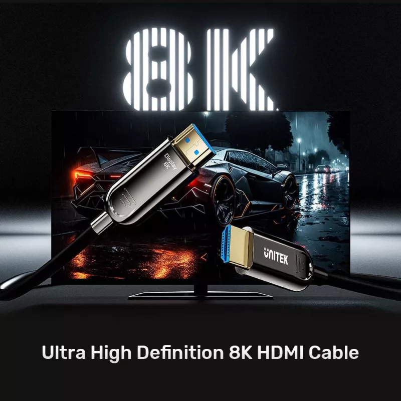 HDMI laidas Unitek C11085GY01-15M — HDMI Type A į A, 30 m, HDMI 2.1, 8K@60Hz, 4K@144Hz, paauksuoti kontaktai, juodas