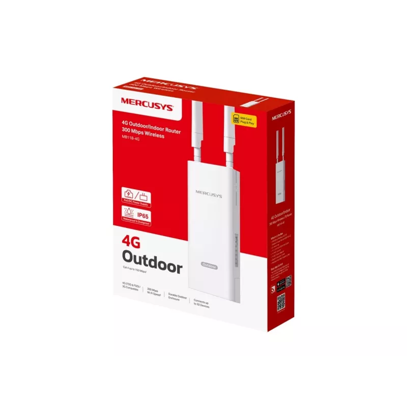Belaidis maršrutizatorius TP-LINK MB118-4G — 4G LTE, vienos juostos 2,4 GHz, Wi‑Fi 4 (802.11n), 300 Mbps, Fast Ethernet, 4 išorinės antenos, baltas