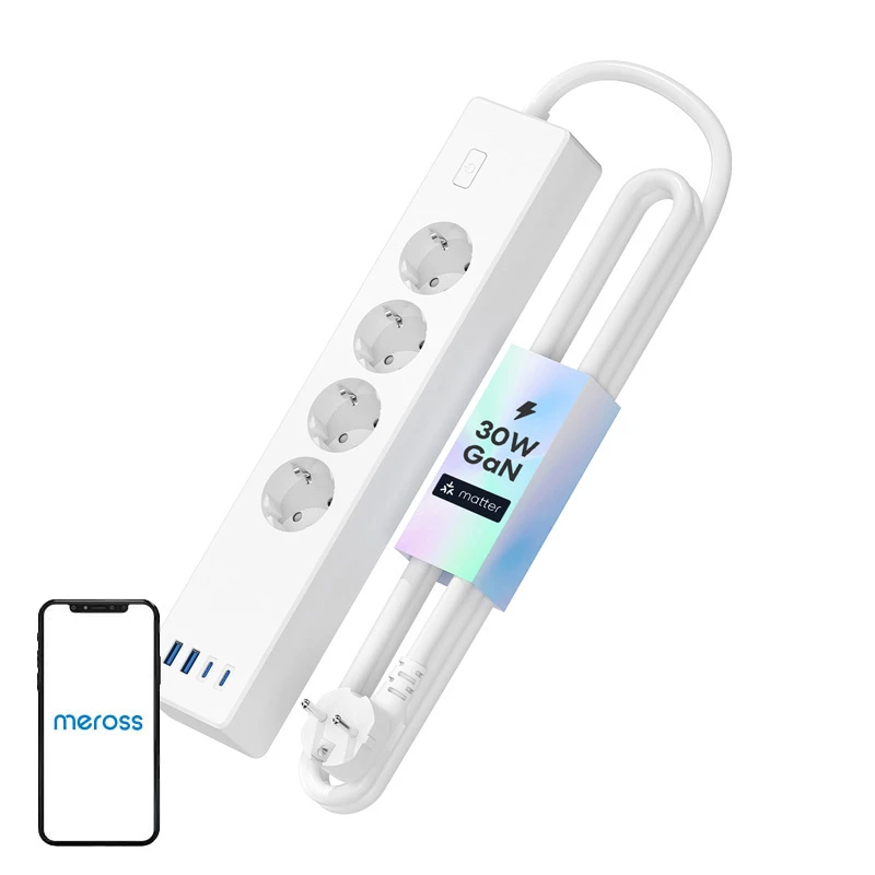 Maitinimo šakotuvas Meross MSP844 — 4 kintamosios srovės lizdai, 2 USB‑A, 2 USB‑C