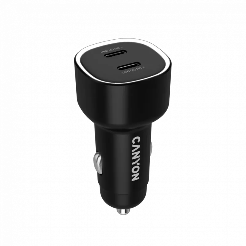 Automobilinis įkroviklis CANYON OnDrive 60 PD 60W 2xUSB-C — 60 W galia, 2 USB-C prievadai, juodas