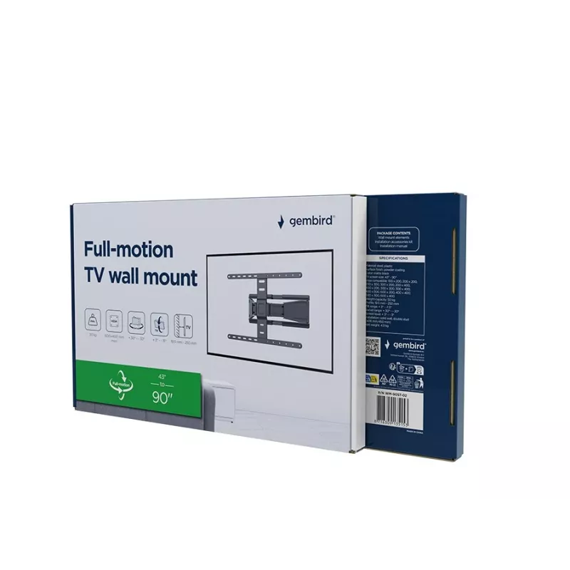 Viso judesio TV sieninis laikiklis GEMBIRD WM-90ST-02 43–90 colių ekranams, lankstus laikiklis, VESA 100x200–600x400, 50 kg talpa