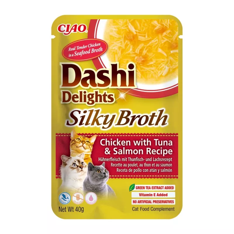 Šlapias kačių skanėstas INABA Dashi Delights Silky Broth — vištiena su tunu ir lašiša, 40 g paketėlis, 93% drėgmės, dietinis virškinimą palaikantis
