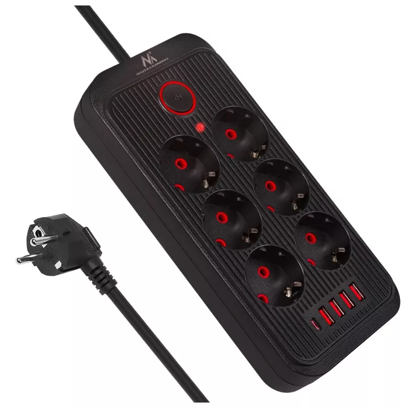 Maitinimo lizdas MACLEAN MCE391 B – 6 lizdai, 4×USB-A + 1×USB-C, 110–240V, 2500W, 3 m kabelis, juodas