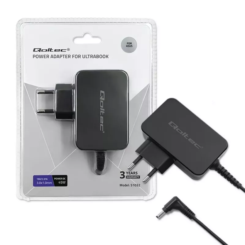 Maitinimo adapteris Qoltec 51032 45W patalpų naudojimui juodas nešiojamiesiems kompiuteriams