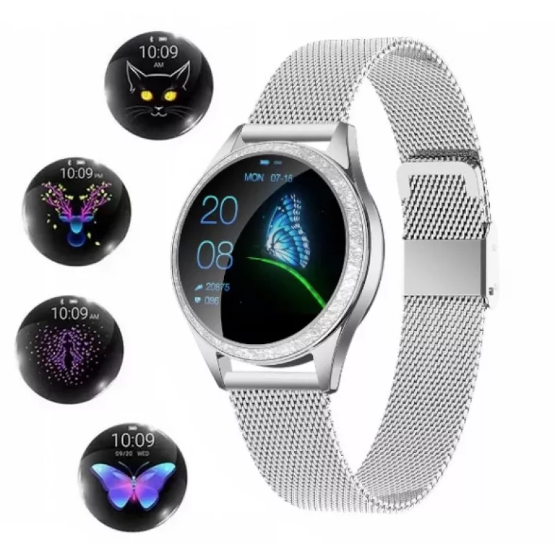 Išmanusis laikrodis ORO-MED ORO-SMART CRYSTAL Sidabrinė — apvalus metalinis korpusas, LCD 240×198, 1,04 colio ekranas, Bluetooth 4.0, atsparus vandeniui, 120 mAh baterija